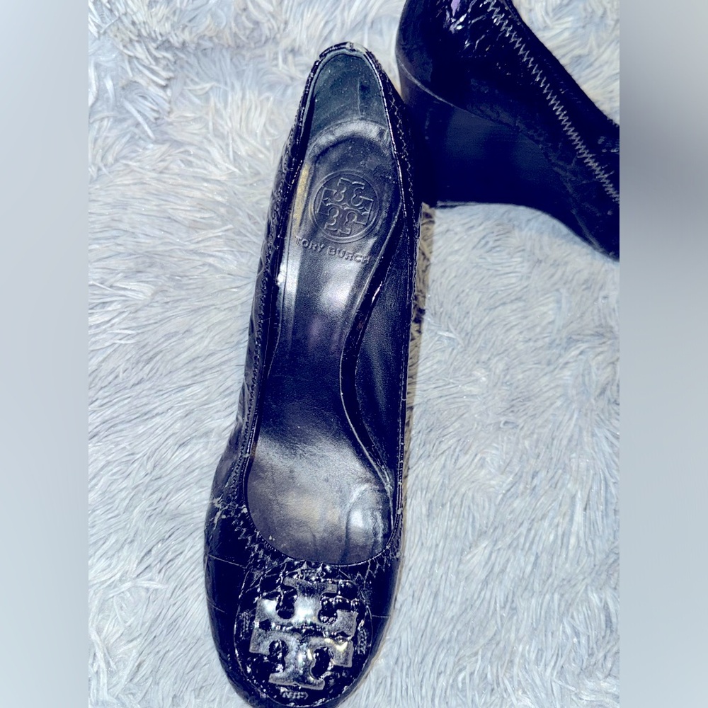 Tory Burch Patent Embossed Croc Wedge